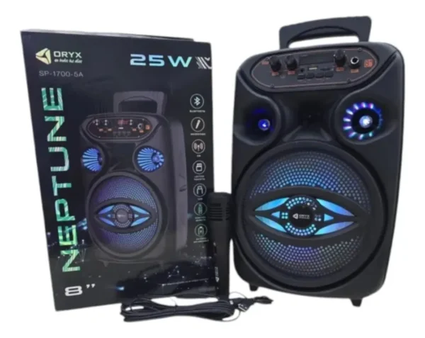 parlante portátil oryx neptune 8" 25w micrófono luces led