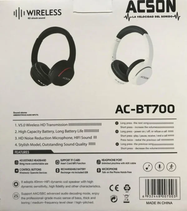 auriculares inalÁmbricos acson ac bt700